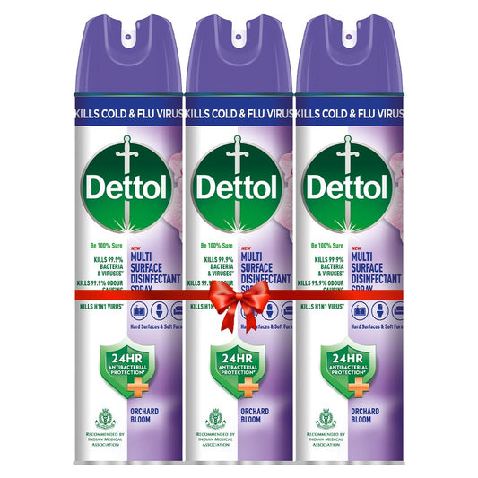 Dettol Multi-Surface Disinfectant Sanitizer Spray Bottle | 24 hours protection| Germ Kill on Hard and Soft Surfaces (Orchard Bloom, 225ml) (Pack of 3)