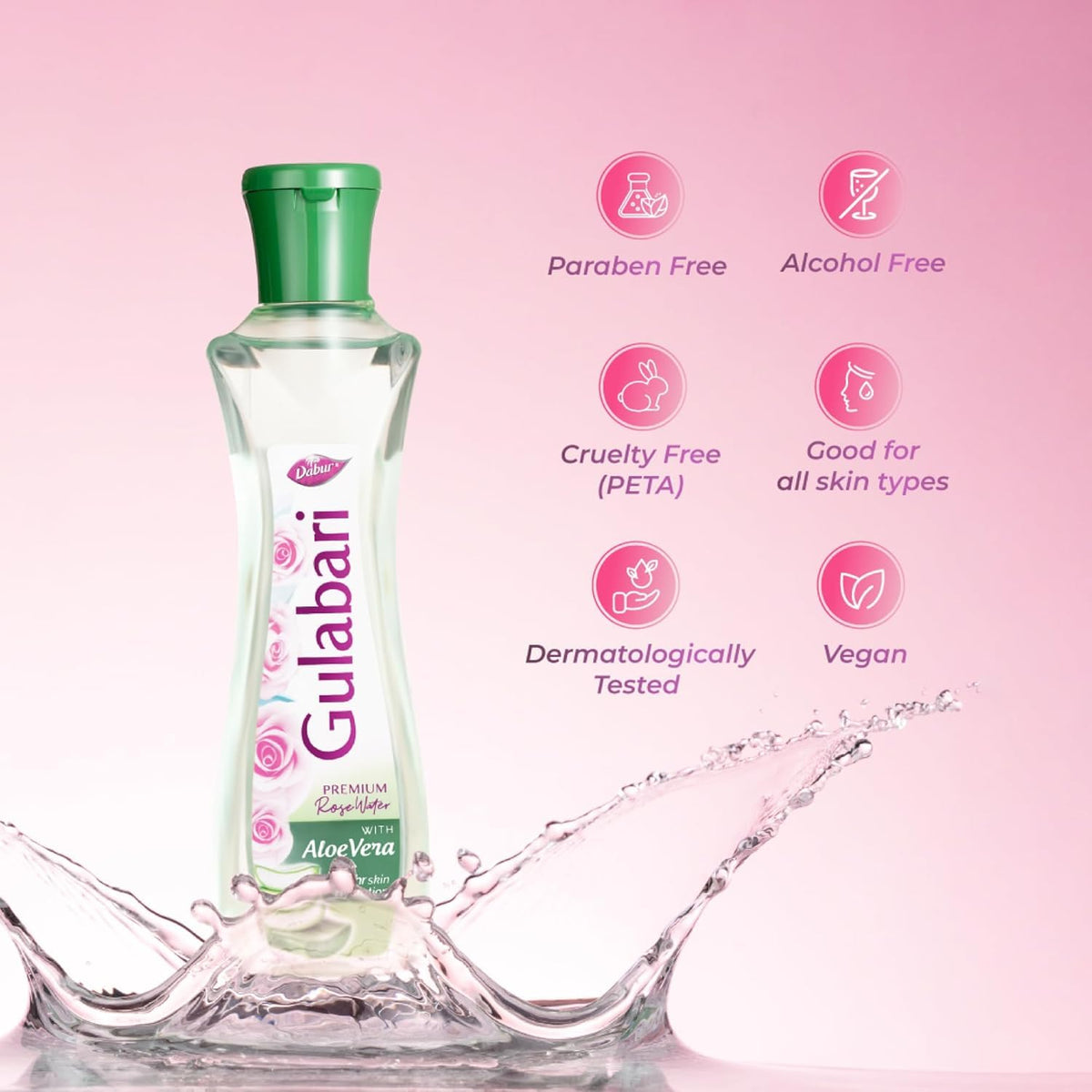 Dabur Gulabari Premium Rose Water with Aloe Vera - 400 ml | Upto 8 HR Skin Hydration | Cleanses, Tones and Moisturises Skin | For All Skin Types