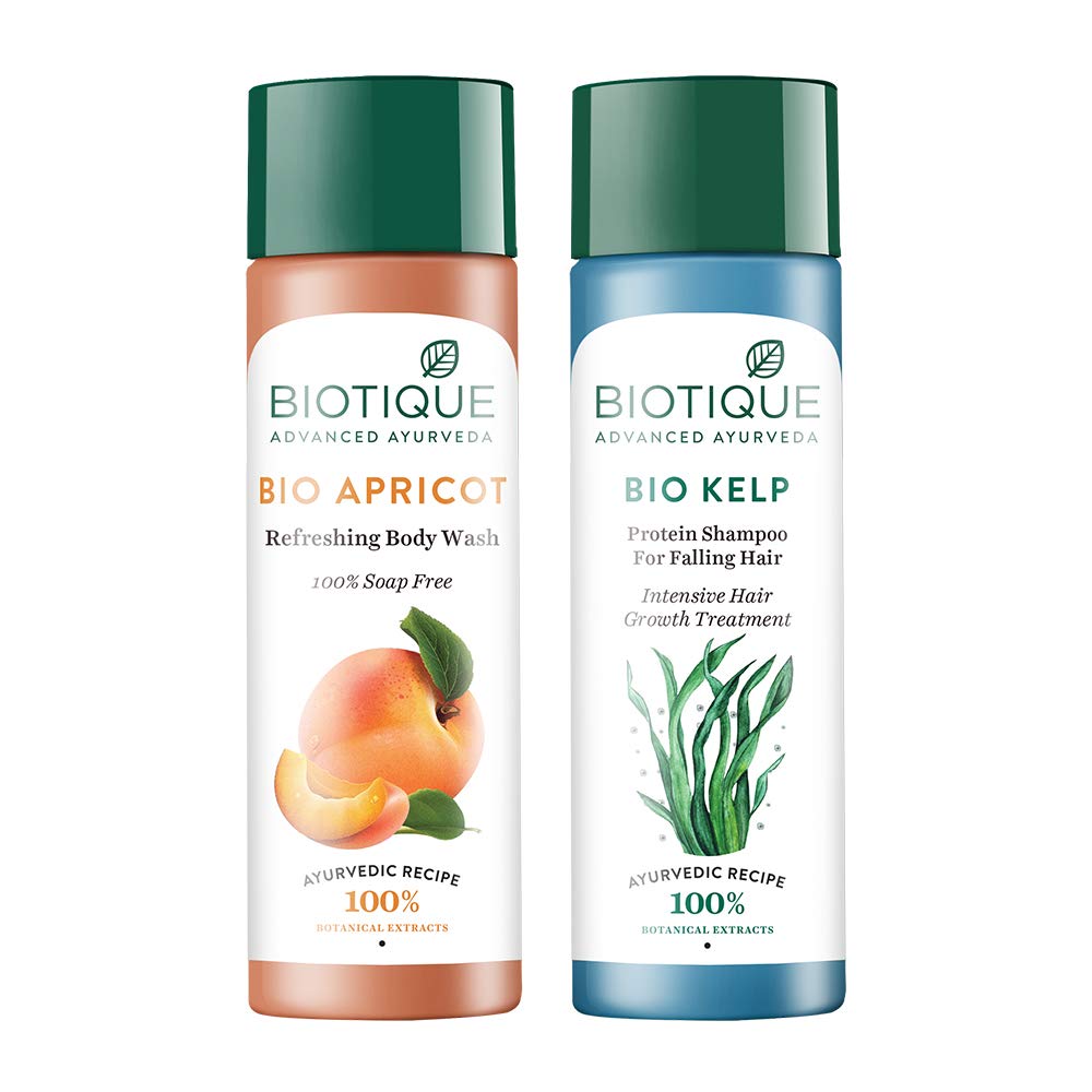 Biotique Bio Apricot Refreshing Body Wash, 190ml and Biotique Bio Kelp Fresh Growth Protein Shampoo, 190ml (Pack of 2)