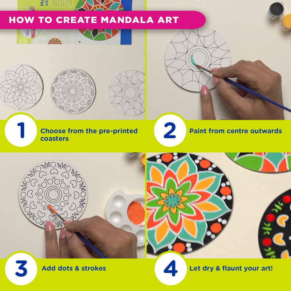 Fevicryl Mandala Mini Art Kit | All-Inclusive DIY Kit with Wooden Coasters, Acrylic Colours, Brush | for Artists, Students, Hobbyists & Gifting | Ideal for Age 14 +