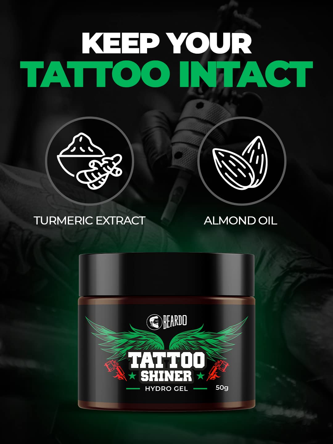 Beardo Tattoo Shiner Gel, 50g | Hydro Gel Heals & Maintains Tattoo Ink | Tattoo Gel for Men with Almond Oil & Turmeric Extract | Brightens & Shines Tatoo for Men