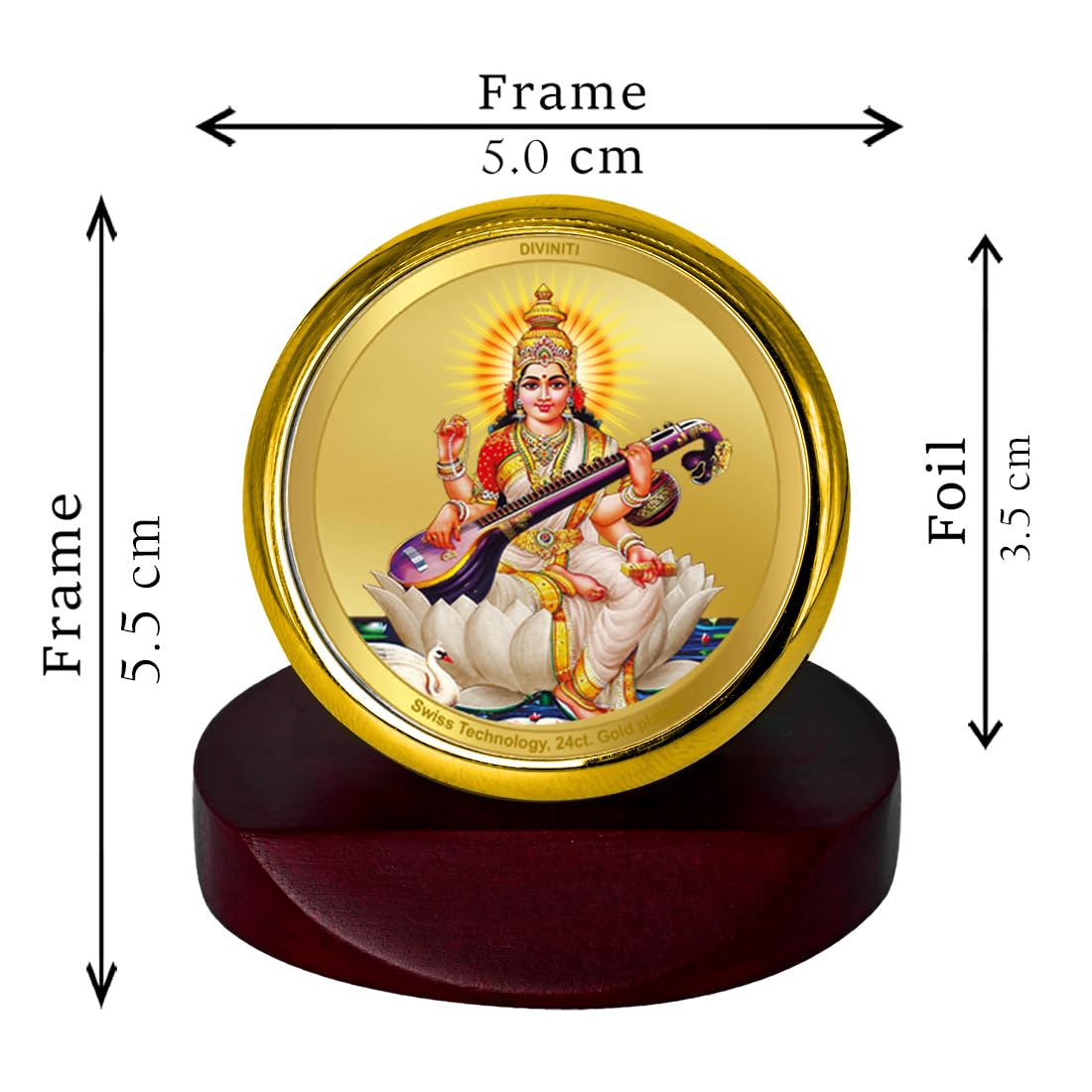 DIVINITI 24K Gold Plated Religious Car Dashboard Frame | Premium God Idol Frame for Car, Home Mandir & Office Table | Spiritual Gift, Decorative Showpiece | Saraswati Mata