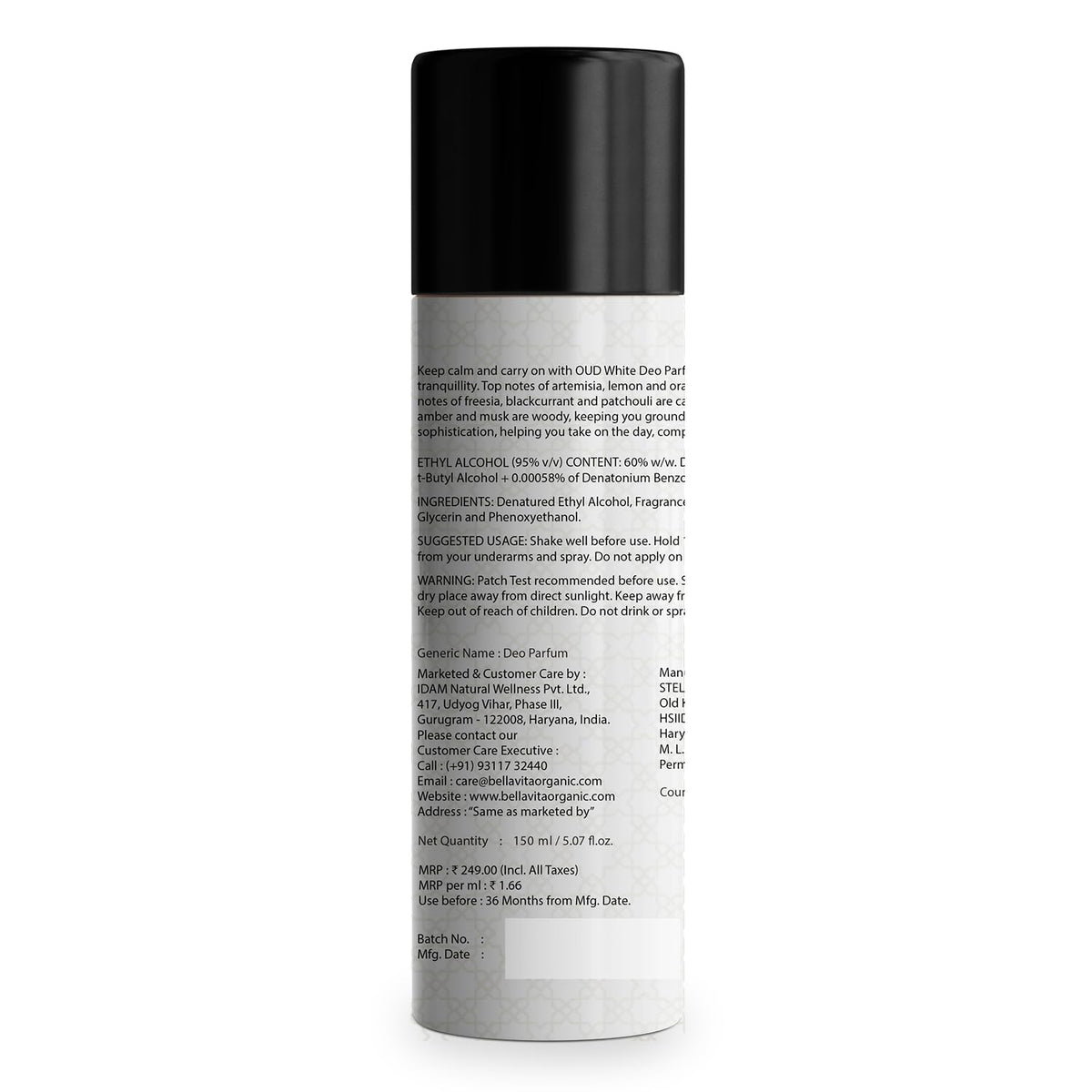 Bella Vita Luxury OUD WHITE No Gas Body Deodorant Parfum Combo for Men with Orange, Fressia & Tobacco|Woody Long Lasting Deo, Pack of 2, 150 Ml Each Spray