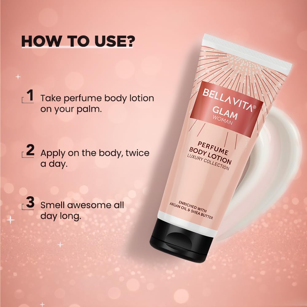 Bella Vita Luxury Glam Woman Perfume Body Lotion for Nourishing, Hydrating, Soft, Supple,Healthy Skin with Argan Oil and Shea Butter 200 Ml