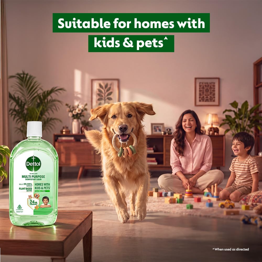 Dettol Plant-Based Disinfectant Liquid 1L, Tea & Fresh Citrus Fragrance – Kids Safe & Pet Friendly | Multi-Purpose Cleaner for Floor & Laundry | Kills 99.99% Germs
