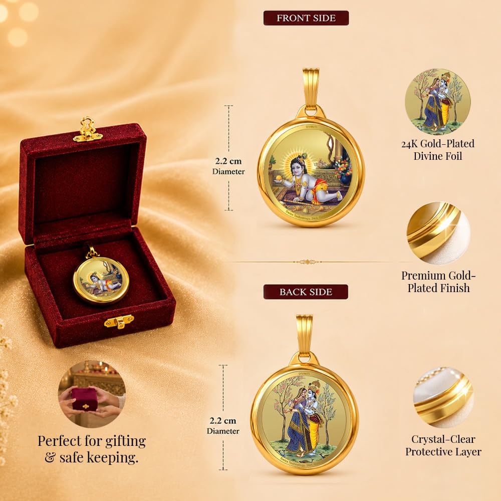 DIVINITI 24K Gold Plated Double-Sided Religious Pendant with Premium Gift Box, Spiritual Locket for Men & Women, Devotional Jewellery for Gifting & Everyday Wear | Radha Krishna & Laddu Gopal