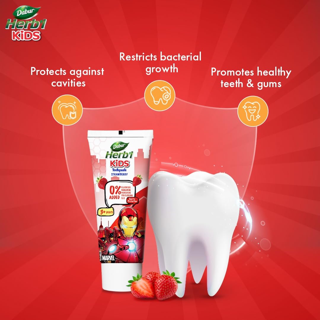 Dabur Herb’l Kids Iron Man Toothpaste - 160g (80g x 2) | Strawberry Flavour | 3+ Years | No Added Chemicals | Cavity Protection | Fights Germs | Strong Teeth & Healthy Gums | SLS & Fluoride Free