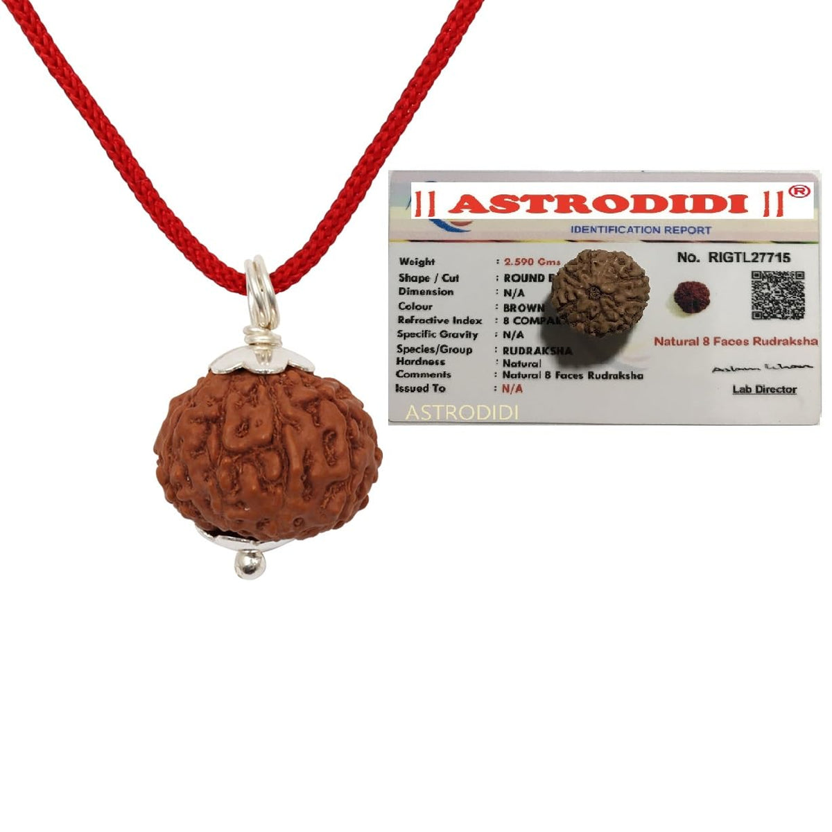 ASTRODIDI 8 Mukhi Rudraksha Original Certified Java Eight Face Small Size Silver Coated Pendant with Lab Report | Astrological Benefits | Unisex Design for Men & Women