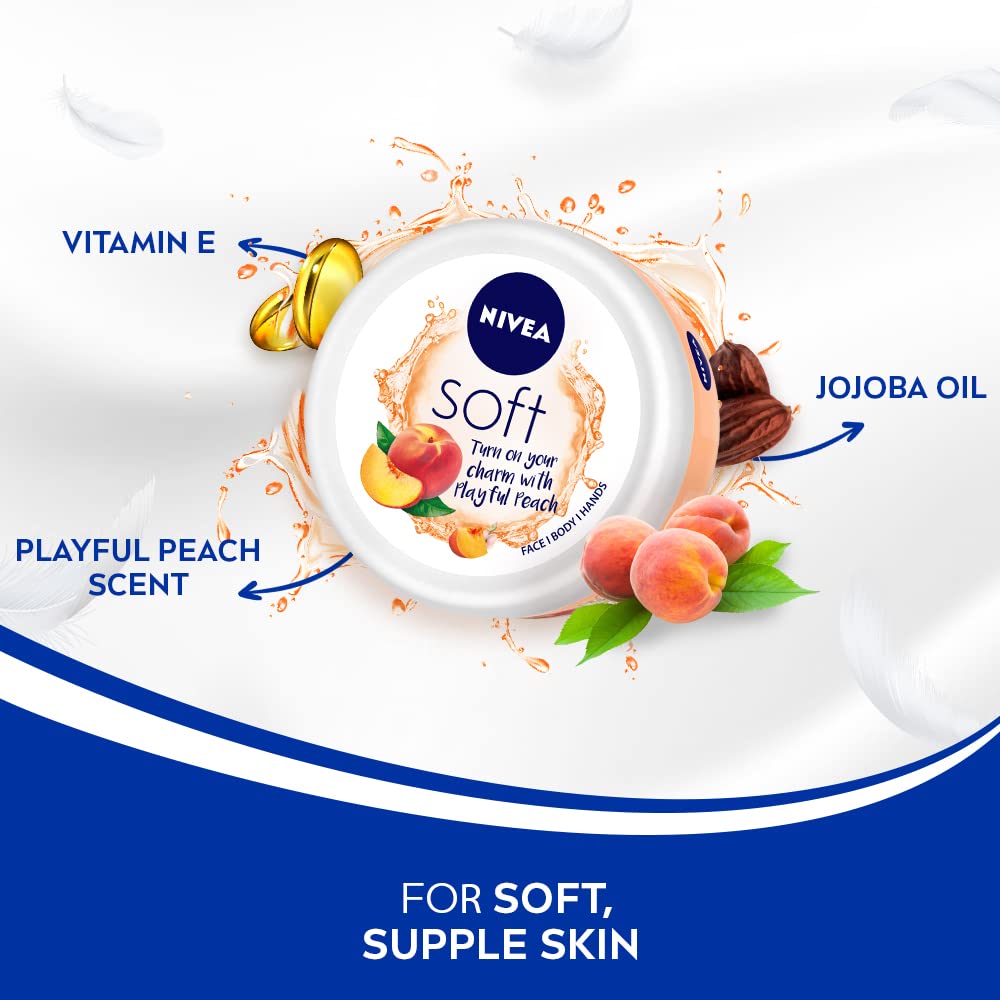 Nivea Soft Playful Peach, Light Moisturizer Cream For Face, 200 Ml & Nivea Soft Light Moisturizer Cream, Peppy Pomegranate, With Vitamin E & Jojoba Oil For Face, Hands And Body, 200ml