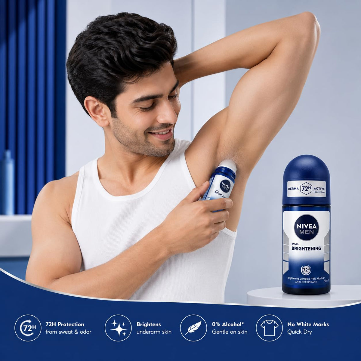 Nivea Men Brightening Complex Anti-Perspirant Roll On 50ml | 0% Alcohol Formula with 72H Sweat & Odor Protection | Brightening Underarm Care Deodorant for Men