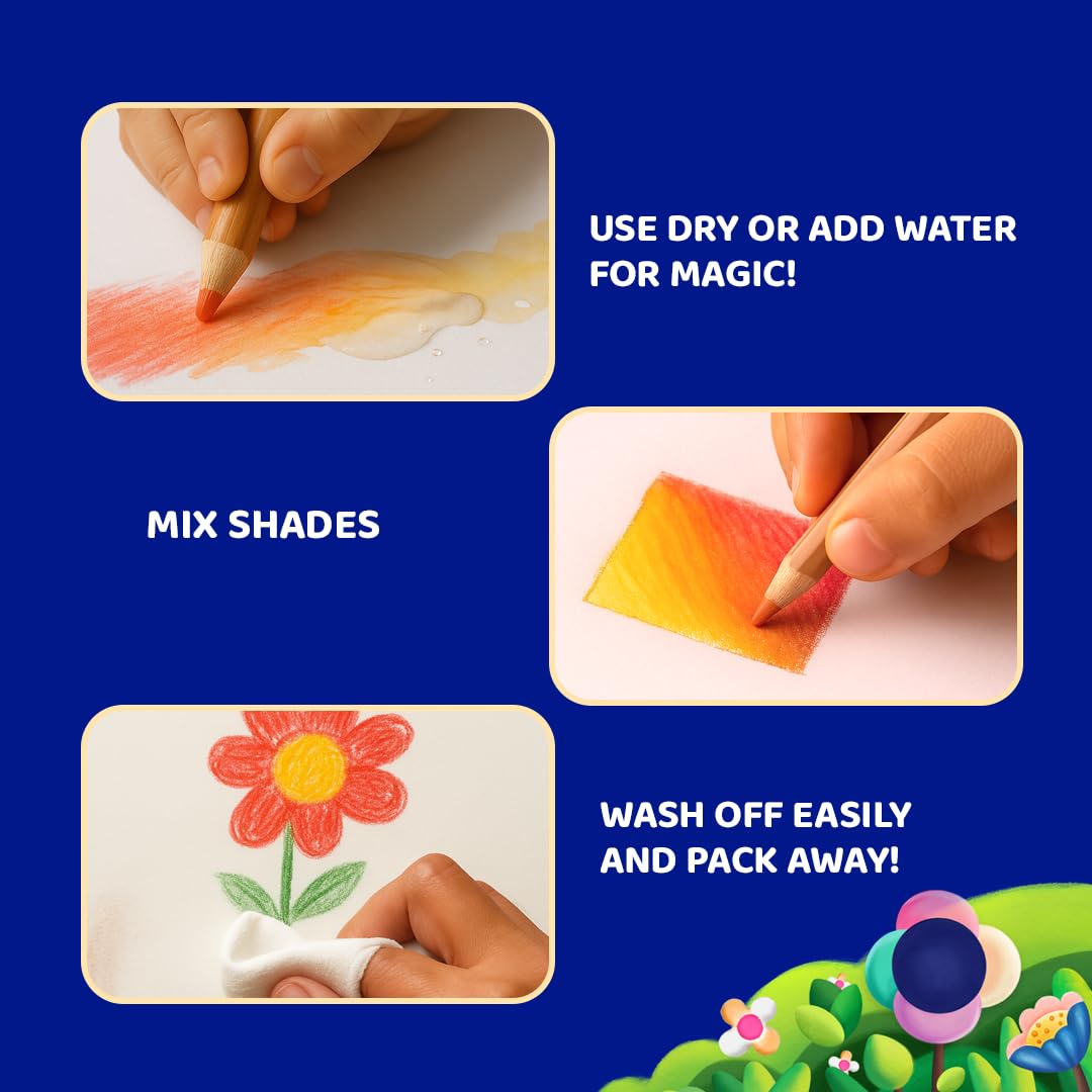 Fevicryl YUDU 3-in-1 Colour Pencils | 12 Shades | Colour Pencil, Crayon & Water Colour in 1 | Easily Washable, Non-Toxic & Safe for Kids 6-12yrs | Ideal Gift for Kids