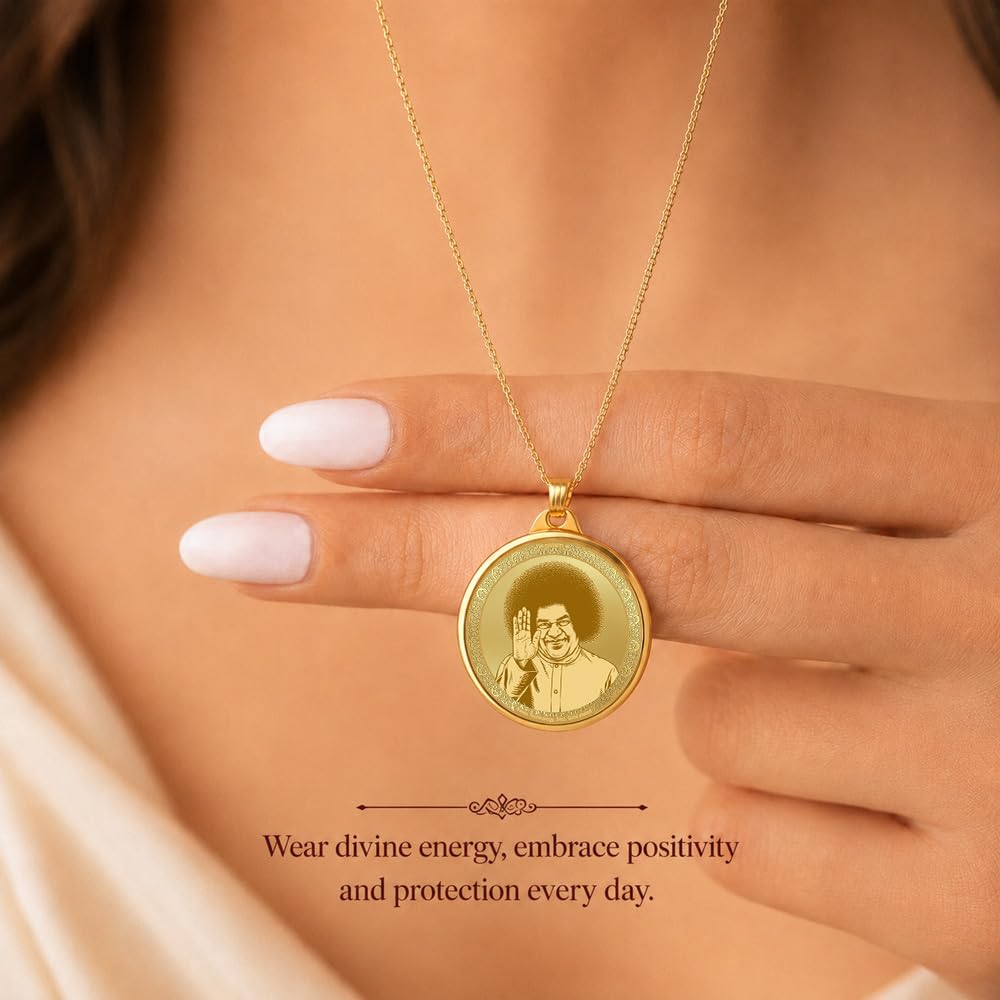DIVINITI 24K Gold Plated Double-Sided Religious Pendant with Premium Gift Box, Spiritual Locket for Men & Women, Devotional Jewellery for Gifting & Everyday Wear | Satya Sai Baba & Hand