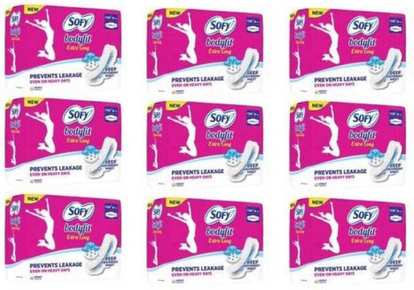 SOFY Bodyfit Extra Large AntiBActiria Sanitary Pad (Pack of 9, 6 Pads Each)