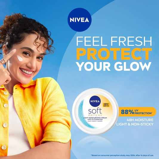 NIVEA Soft Daily SPF 15 Moisturizer | 88% UV Protection | Face & Body Cream for Healthy Glow in 5 Days | No White Cast | Vitamin E & Shea Butter | Lightweight, Quick Absorbing | 72H Hydration | 200ml