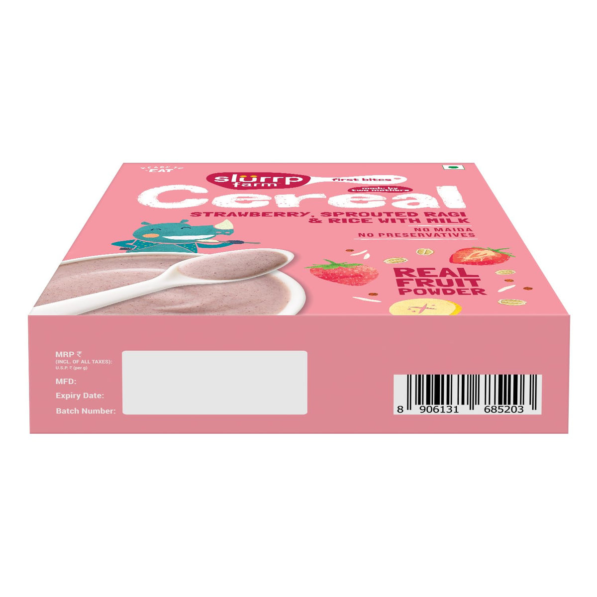 Slurrp Farm First Bites Strawberry, Sprouted Ragi and Rice Cereal with Milk I Instant Cereal for Little Ones | with No Added Sugar I 10X Calcium of Wheat and Rice | 200g