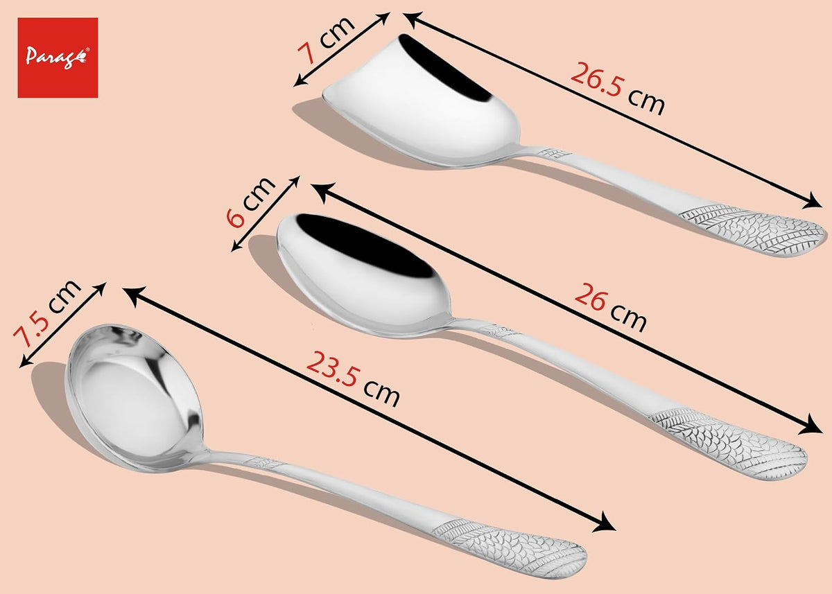 Parage 3 Pieces Stainless Steel Serving Spoons Set for Dining Table/Kitchen, 1.8 mm Heavy Gauge (1 Soup Ladle (Karchi), 1 Solid Spoon (Chamcha), 1 Rice Spoon), Silver (Pack of 3)
