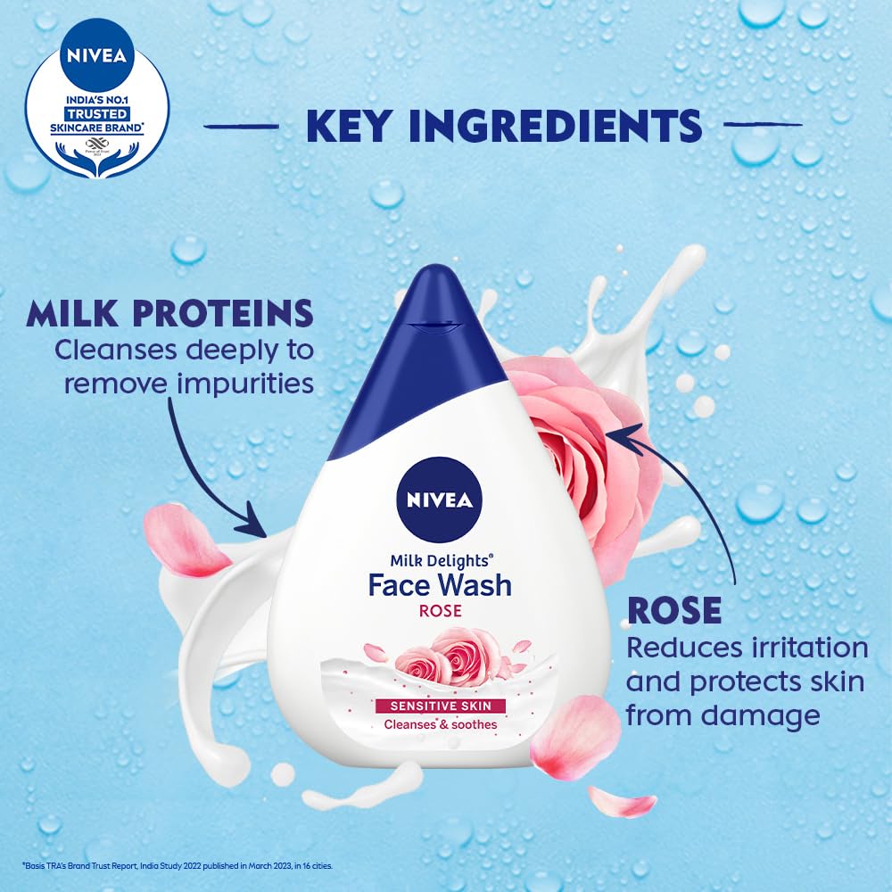 NIVEA Milk Delights Face Wash Caring Rosewater For Sensitive Skin 100ml, 100 ml