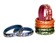 NMII Multicolour Glass with Golden Print Design Glossy Finished Kada Set For Women and Girls