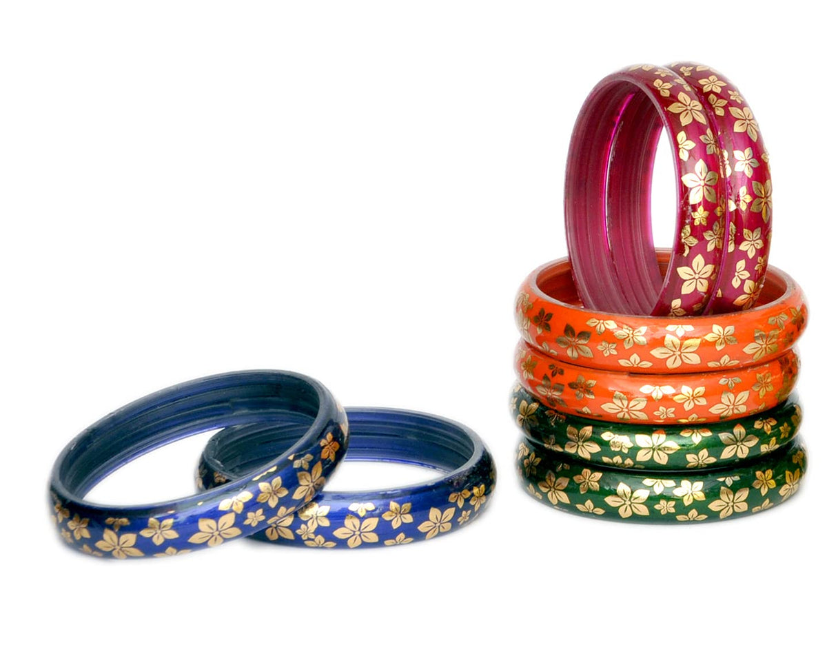 NMII Multicolour Glass with Golden Print Design Glossy Finished Kada Set For Women and Girls