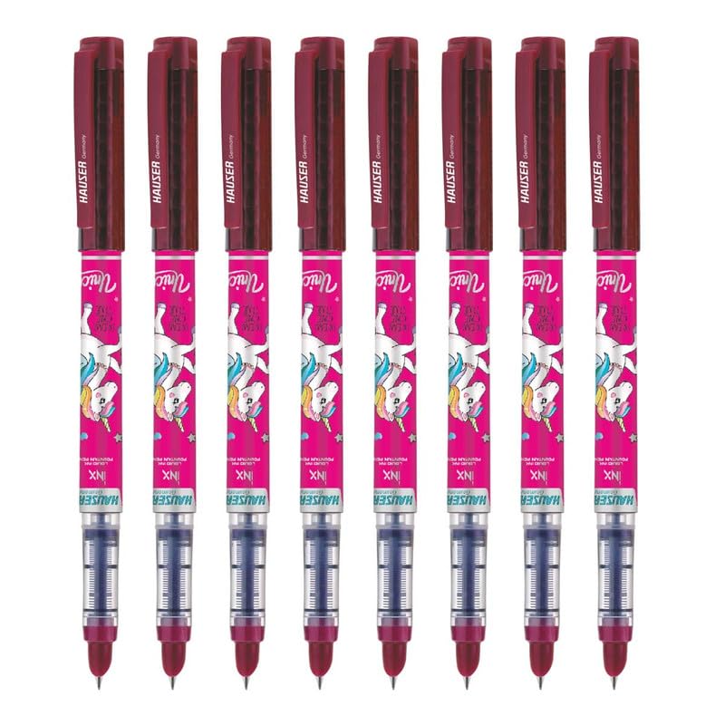 Hauser Inx Unicorn Fountain Pen | Smooth Round Nib With Iridium Tip | 2 Ink Cartridges | Unique Liquid Ink System | Blue Ink, Pack of 8