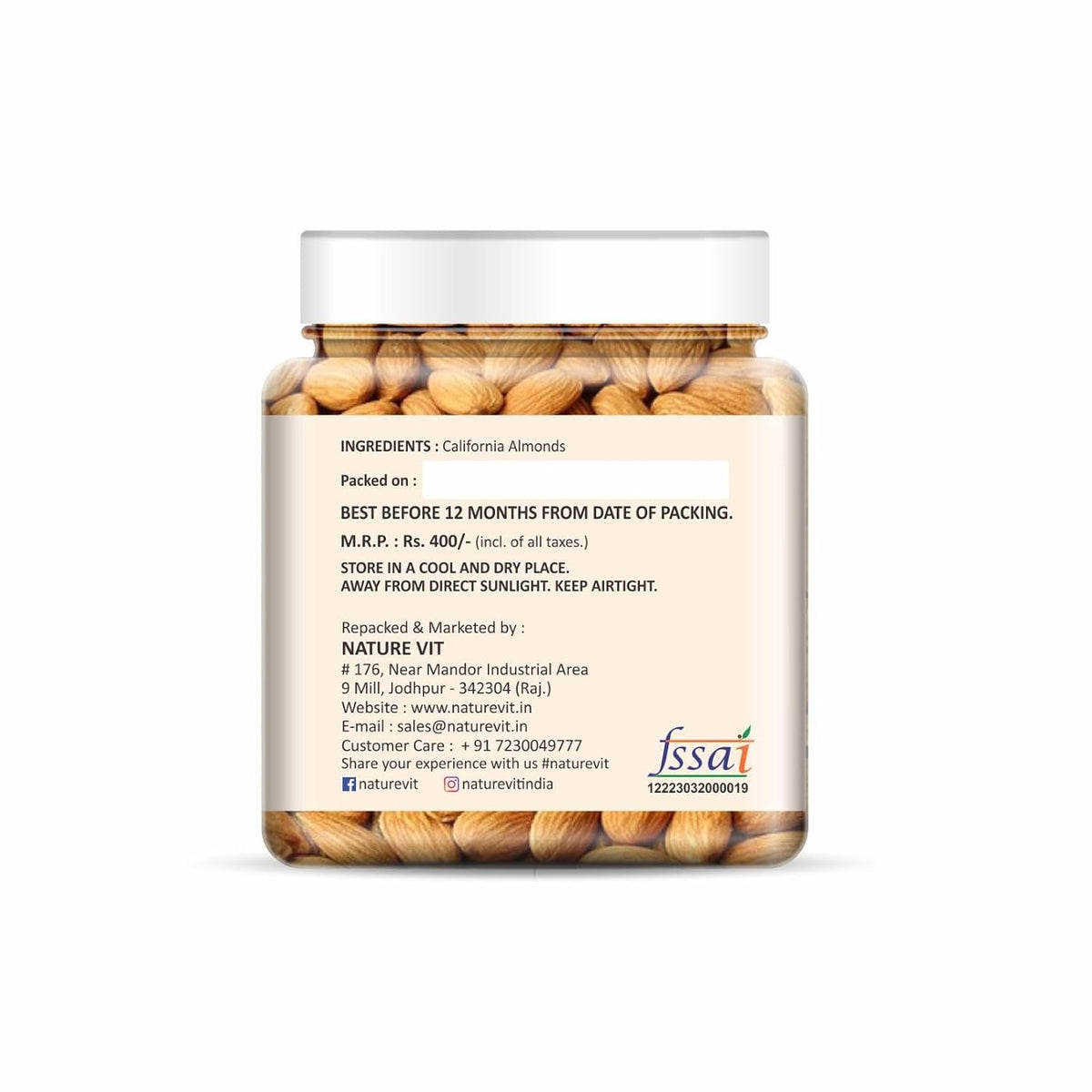 NatureVit California Almonds, 250g [Jar Pack] | High in Fiber | Badam Giri | Rich in Protein | Magnesium | Phosphorus and Dietary Fibre | Dry Fruits & Nuts | Value Pack