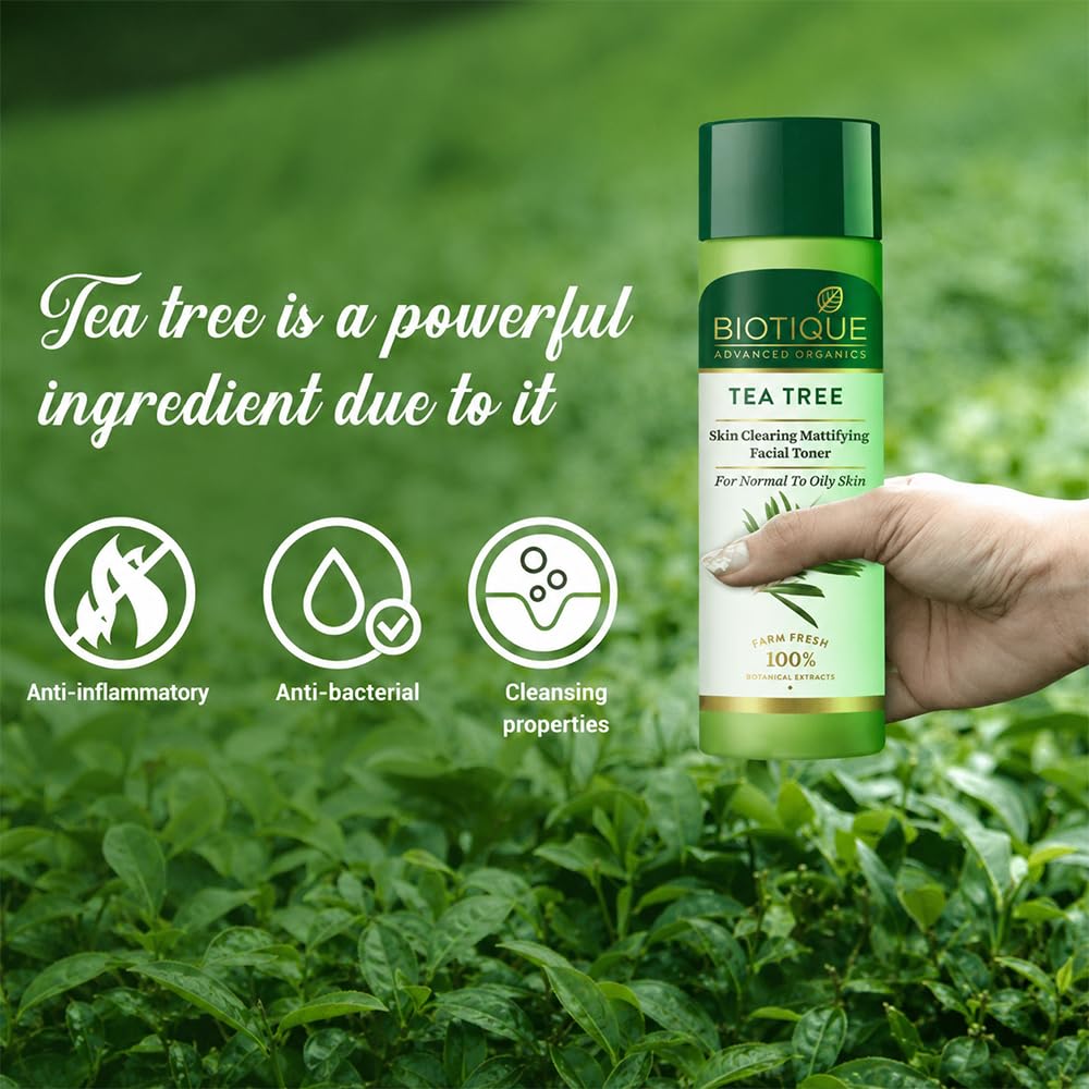 Biotique Tea Tree Skin Clearing Mattifying Facial Toner | Enriched with 100% Botanical Extracts & Tea Tree Oil | Refreshing, Alcohol-Free Formula | Ideal for Normal to Oily & Acne-Prone Skin | 120ml
