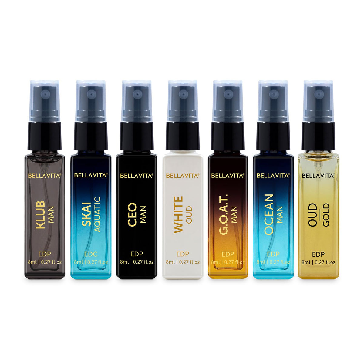 Bella Vita Luxury Discovery Gift Set 7x8ML Liquid Eau De Parfum Perfume for Men with Woody, Fresh & Oud Long Lasting EDP Fragrance Scent