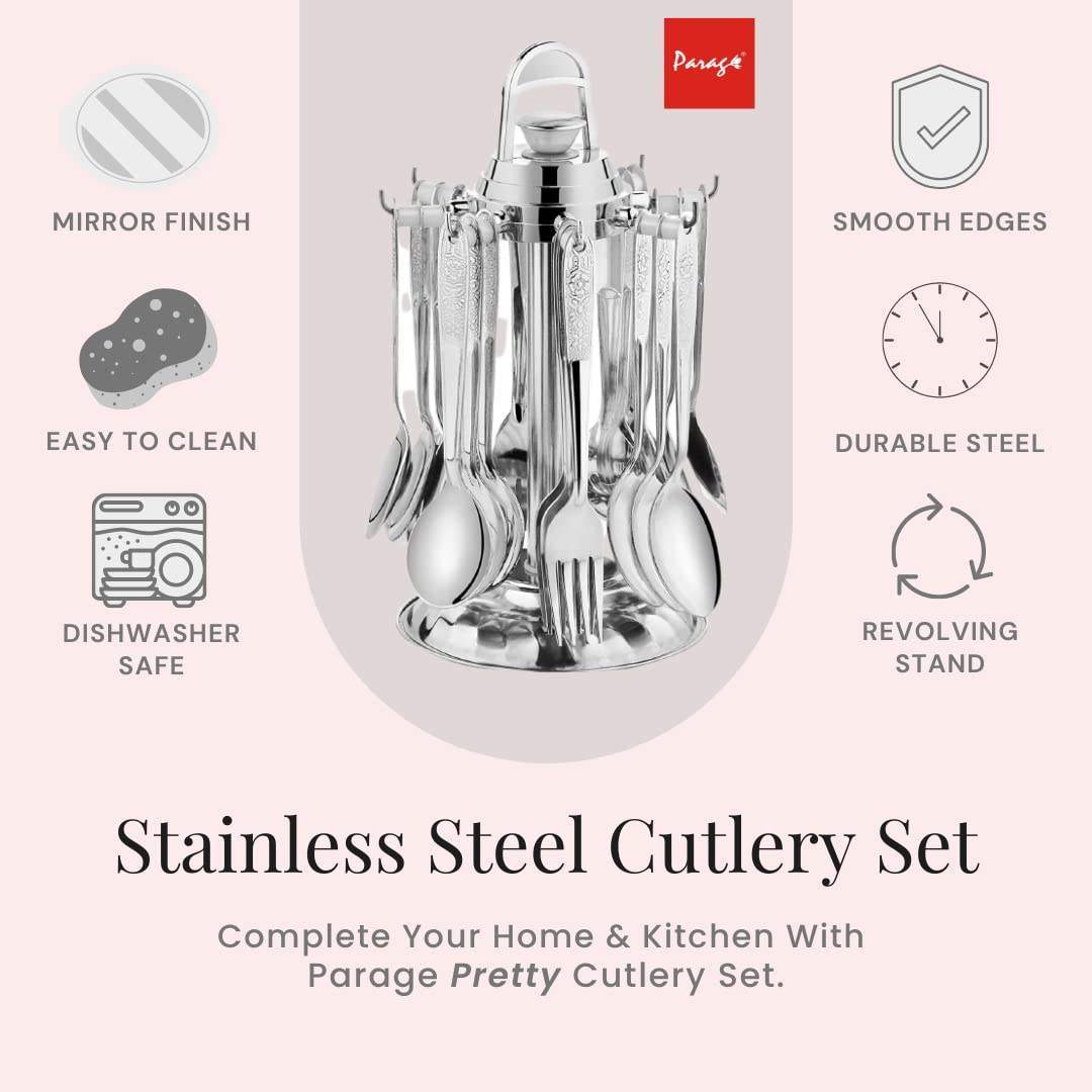 Parage 25 Pieces Pretty Premium Stainless Steel Cutlery Set for Home & Kitchen (Contains: 6 Dinner Spoons, 6 Tea Spoons, 6 Forks, 6 Soup Spoons) - Spoon Set for Dining Tableware Stylish, Silver