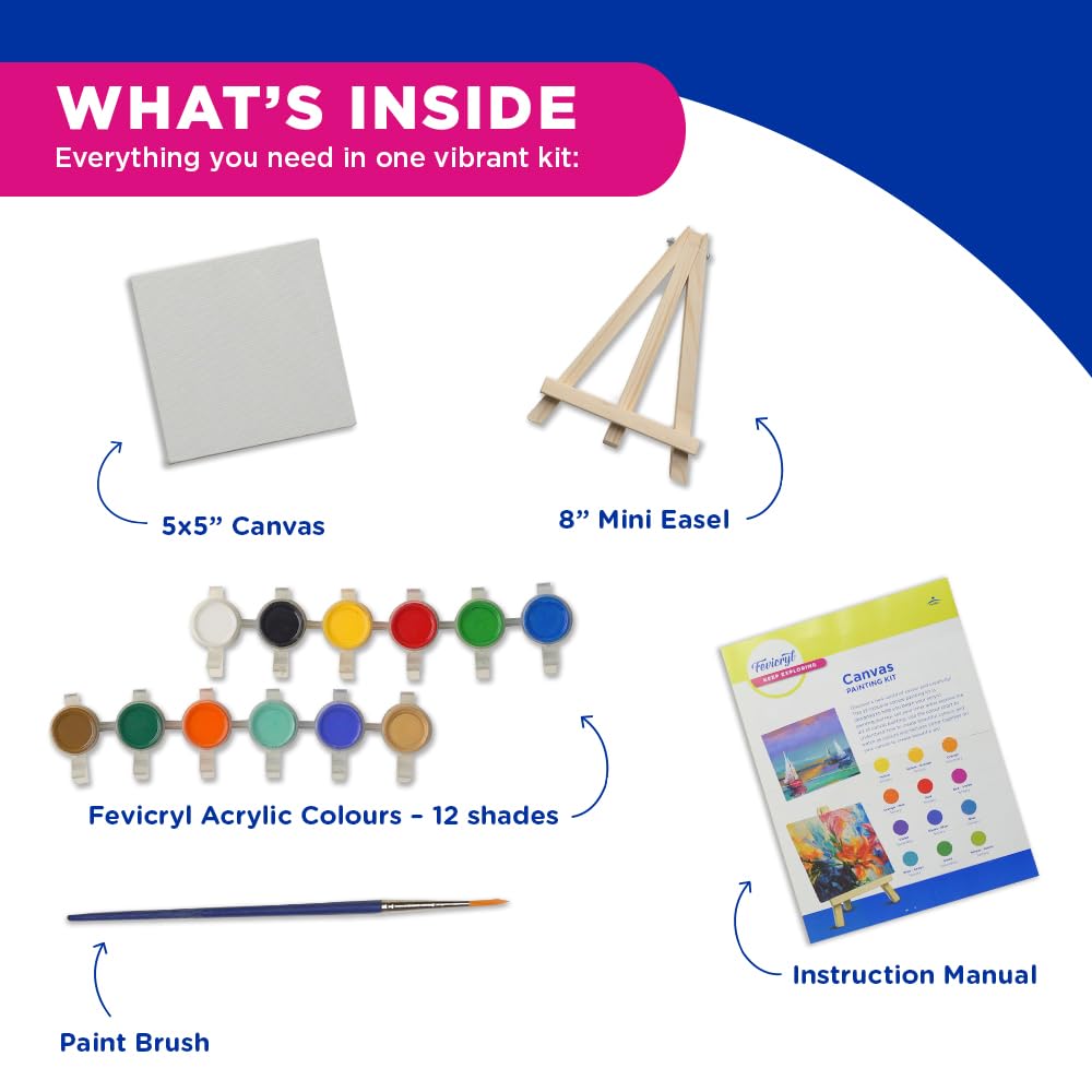 Fevicryl Canvas Painting Kit, All-Inclusive DIY Art Kit with Mini Canvas, Fevicryl Acrylic Colours, Painting Brush and Wooden Easel, Ideal Gift for Students, Beginners and Art Enthusiasts