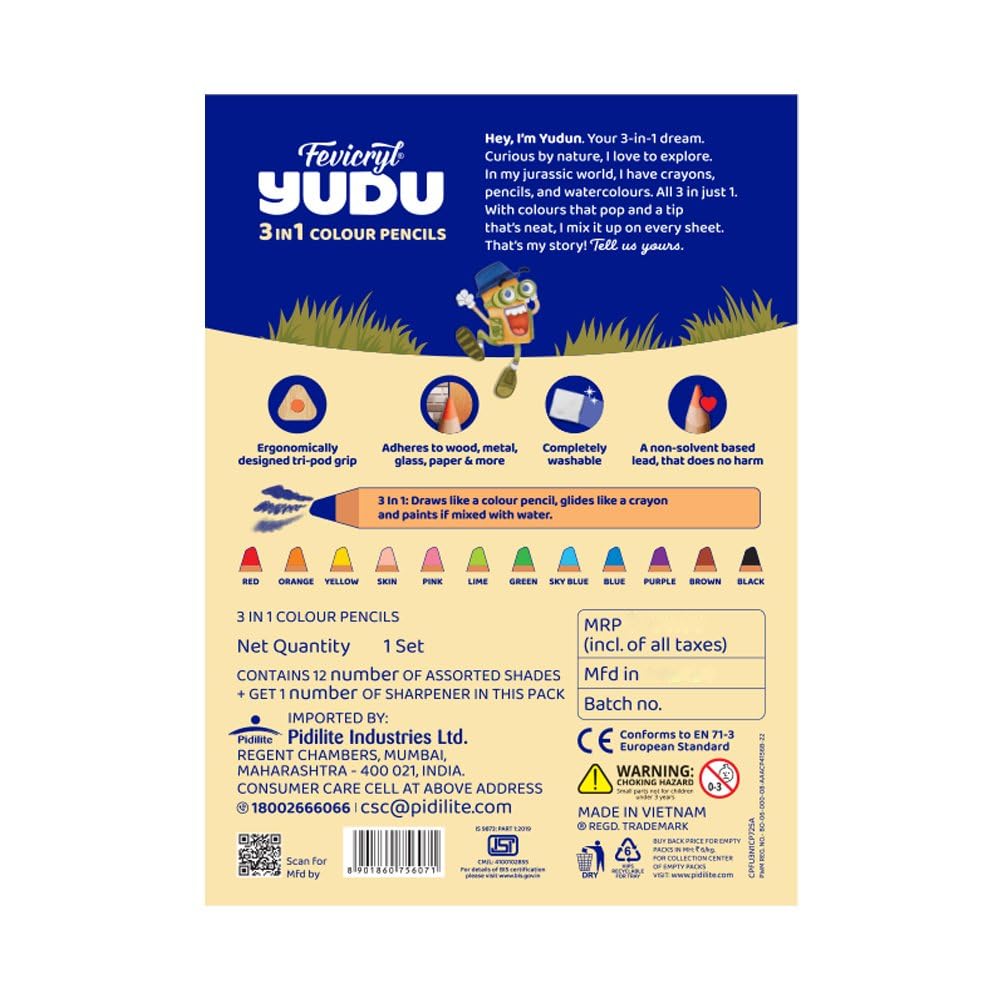 Fevicryl YUDU 3-in-1 Colour Pencils | 12 Shades | Colour Pencil, Crayon & Water Colour in 1 | Easily Washable, Non-Toxic & Safe for Kids 6-12yrs | Ideal Gift for Kids