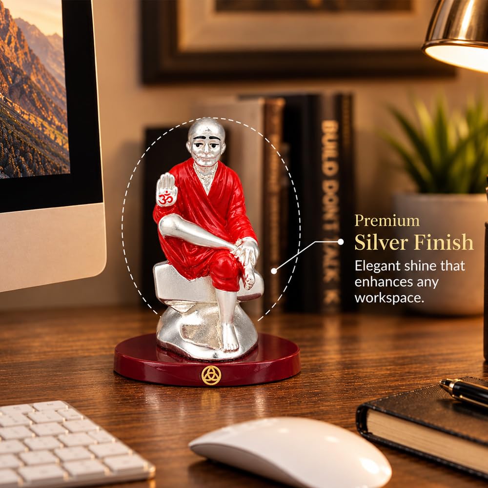 DIVINITI Premium Sai Baba Idol with Silver-Tone Finish & Red Accents | Shirdi Sai Baba Showpiece with Blessing Hand, Decorative Base & Premium Gift Box | Home, Mandir, Office & Gifting | 9 x 6.5 cm