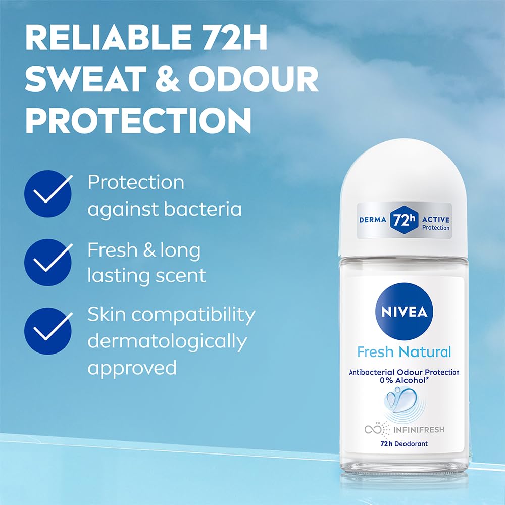 NIVEA Fresh Natural Roll On Deodorant | 72H Long Lasting Freshness | Fights Bacteria and Bad Odour | Mild Soothing Fragrance | With Ocean Extracts | 0% Alcohol | Dermatologically Approved & Paraben Free Formula | 50ml