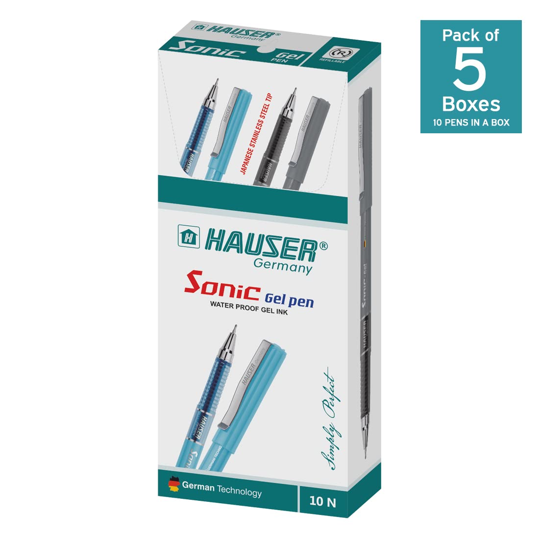 Hauser Sonic Gel Pen Box | Attractive Foiled Body | Stylish Metal Clip | Refillable & Waterproof Gel Ink | German Technology For Smooth & Effortless Writing | Blue Ink, Set Of 10 X 5 Pack