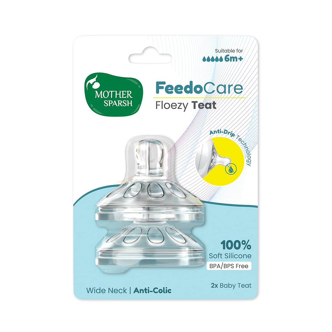 Mother Sparsh FeedoCare Floezy Feeding Bottle Teat/Nipples- Pack of 2, Natural Flow-Wide Neck Teats for 6+ Month Babies | Variable Flow (Y)
