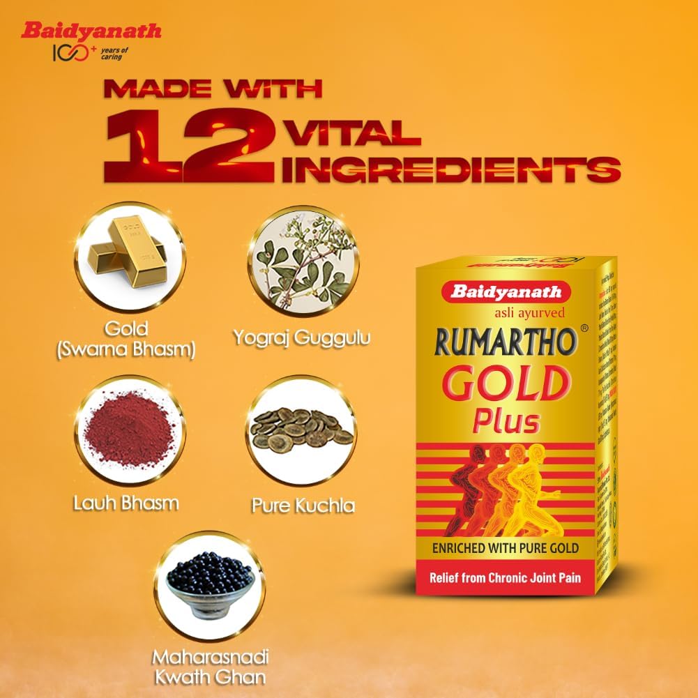 Baidyanath asli ayurved jhansi Rheumartho Gold 30 capsules Enriched wih Gold Ashes | useful in joint Pains (Gold Plus)