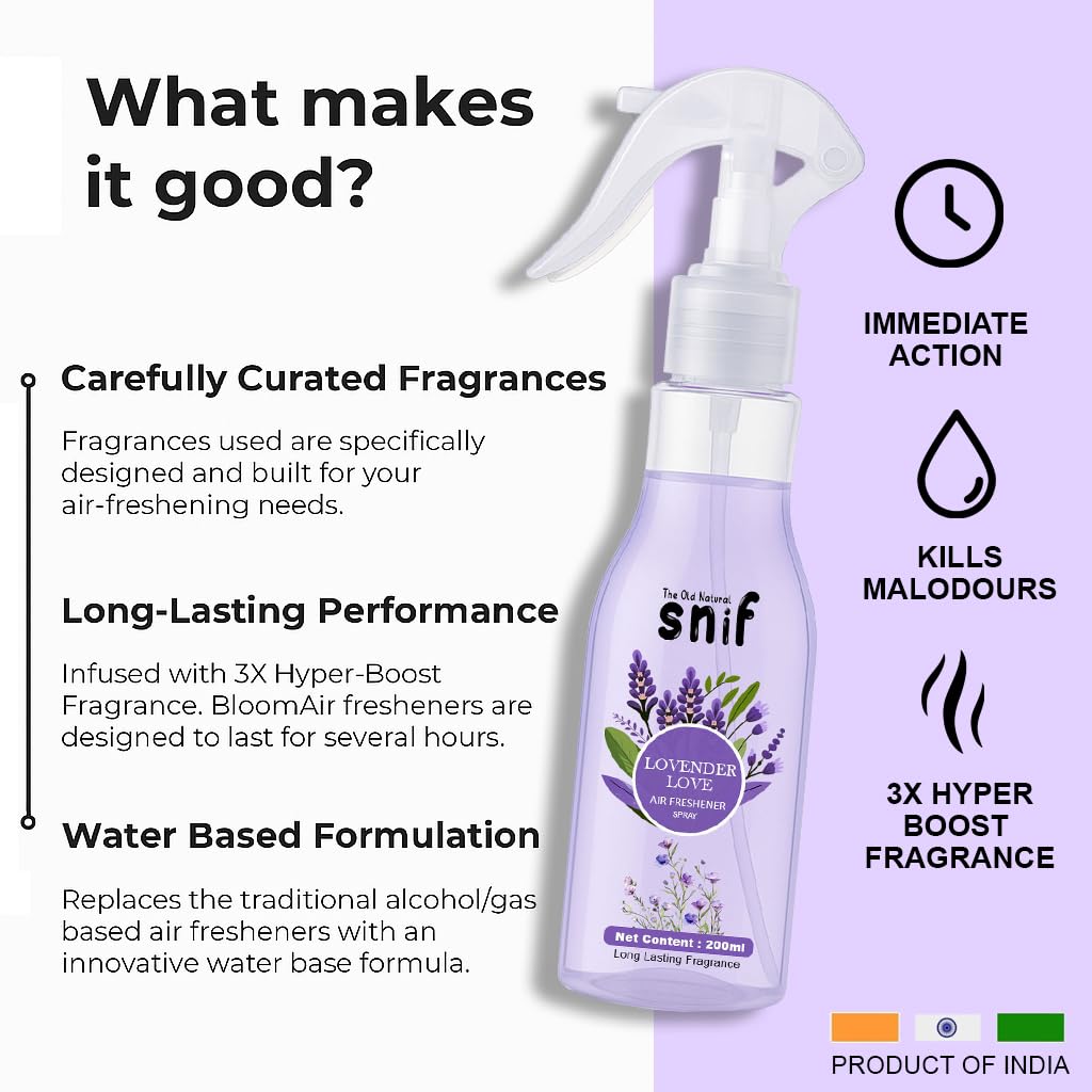 The Old Natural Snif Room Air Freshener | Long Lasting Fragrance with Essential Oils 1000+ Sprays | Room & Car Freshener (Lavender Love & Rose Aura 400ml - Combo)