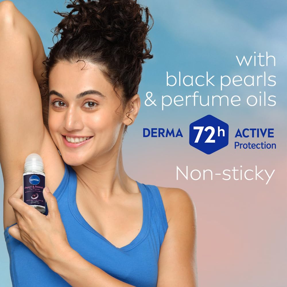 NIVEA Women Pearl & Beauty Roll On Deodorant, Underarm Deodorant with 72H Active Odour Protection, Long-Lasting Floral Fragrance, Underarm Roll On for Fresh, Beautiful Underarms, 0% Alcohol, 50 ml