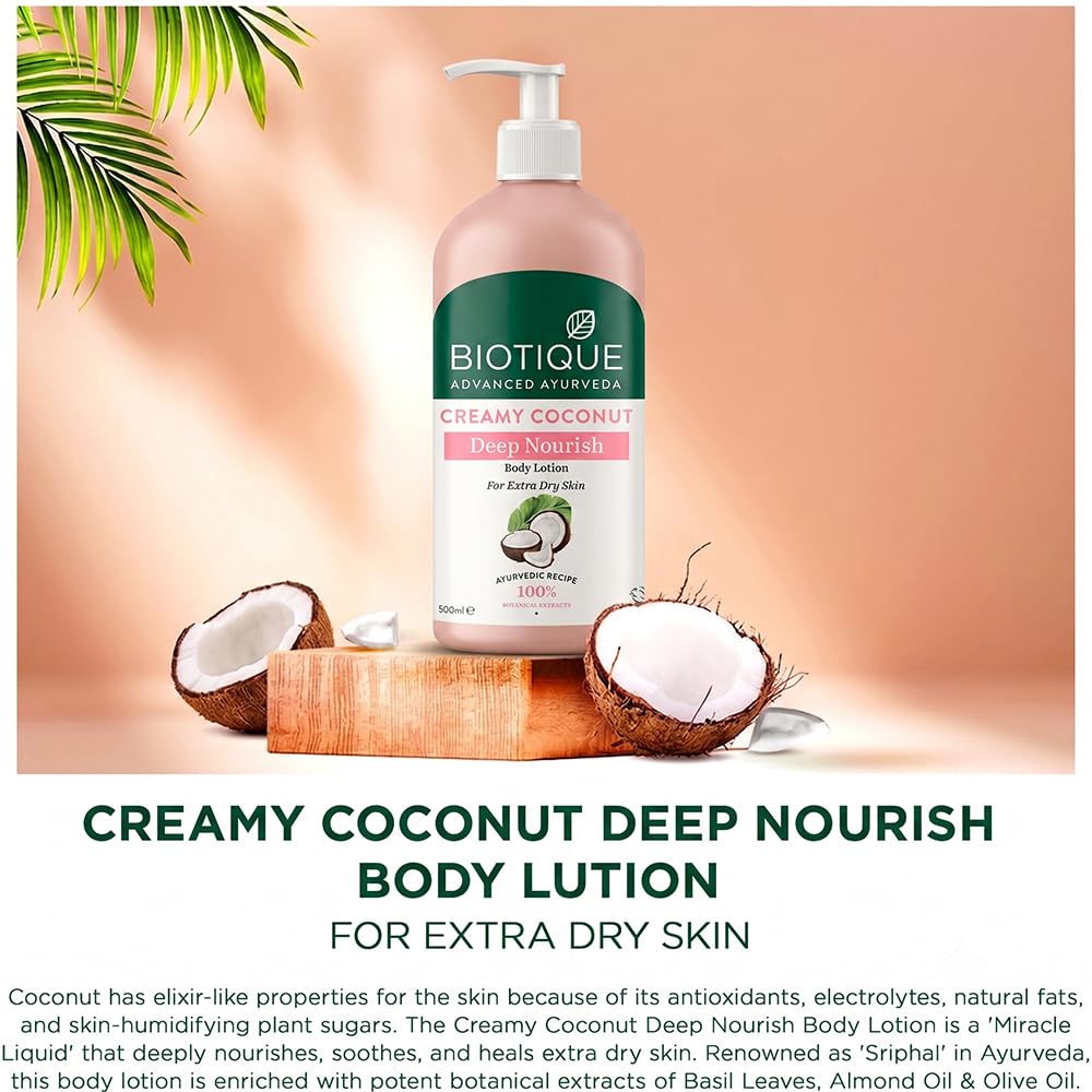 Biotique Creamy Coconut Deep Nourish Body lotion For Extra Dry Skin | Heals, Repairs, and Soothes the Skin | Moisturizing and Skin-Humidifying | 100% Botanical Extracts| All Skin Types | 300ml
