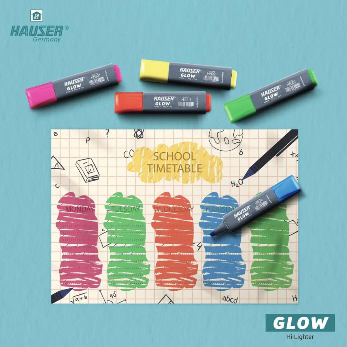 Hauser 5 Shades Glow Highlighter | 2 x Longer Writing Length | Non-Toxic Ink, Safe For Childrens | Ergonomic Grip With Pocket Clip For Comfortable Handling | Multicolor, Pack of 10 Pcs
