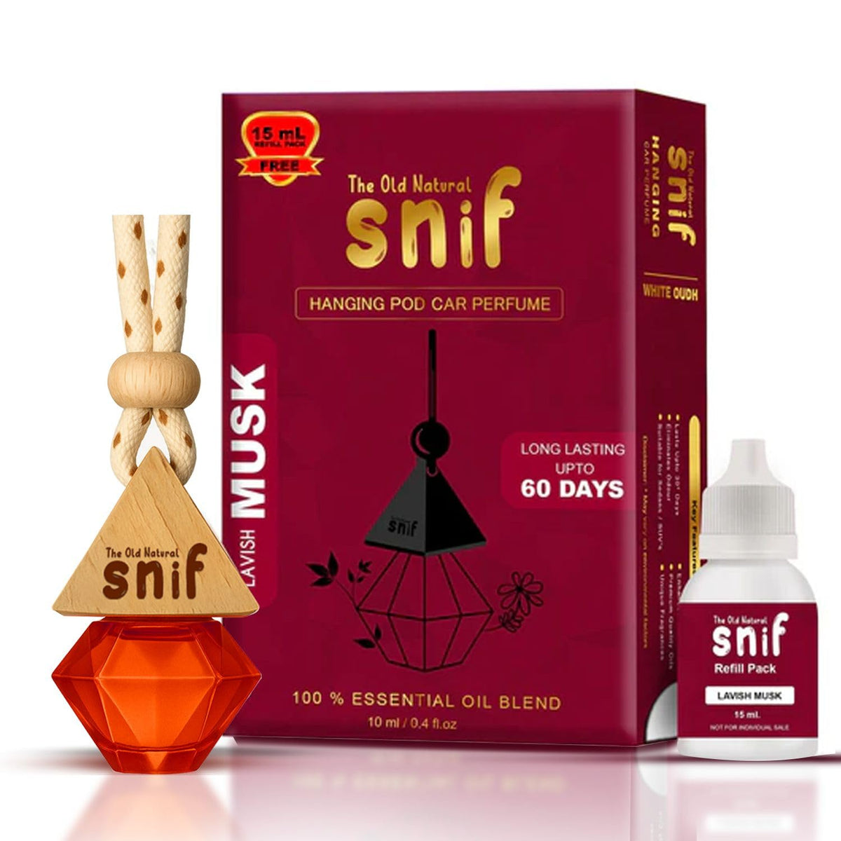 The Old Natural Snif Diamond Hanging Car Perfume | Car Air Freshener with Refill Pack (Lavish Musk 10ml + 15ml Refill Pack)