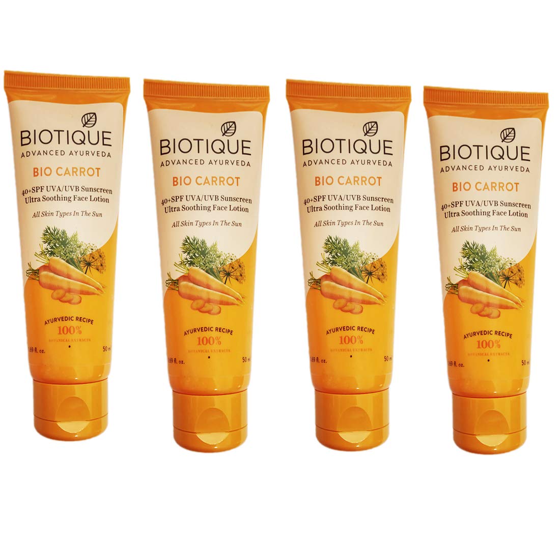 Biotique Bio Carrot 40+ Spf Uva/Uvb Sunscreen For All Skin Types Ultra Sooting Face Lotion (50 Ml, Combo Of 4 Pack)