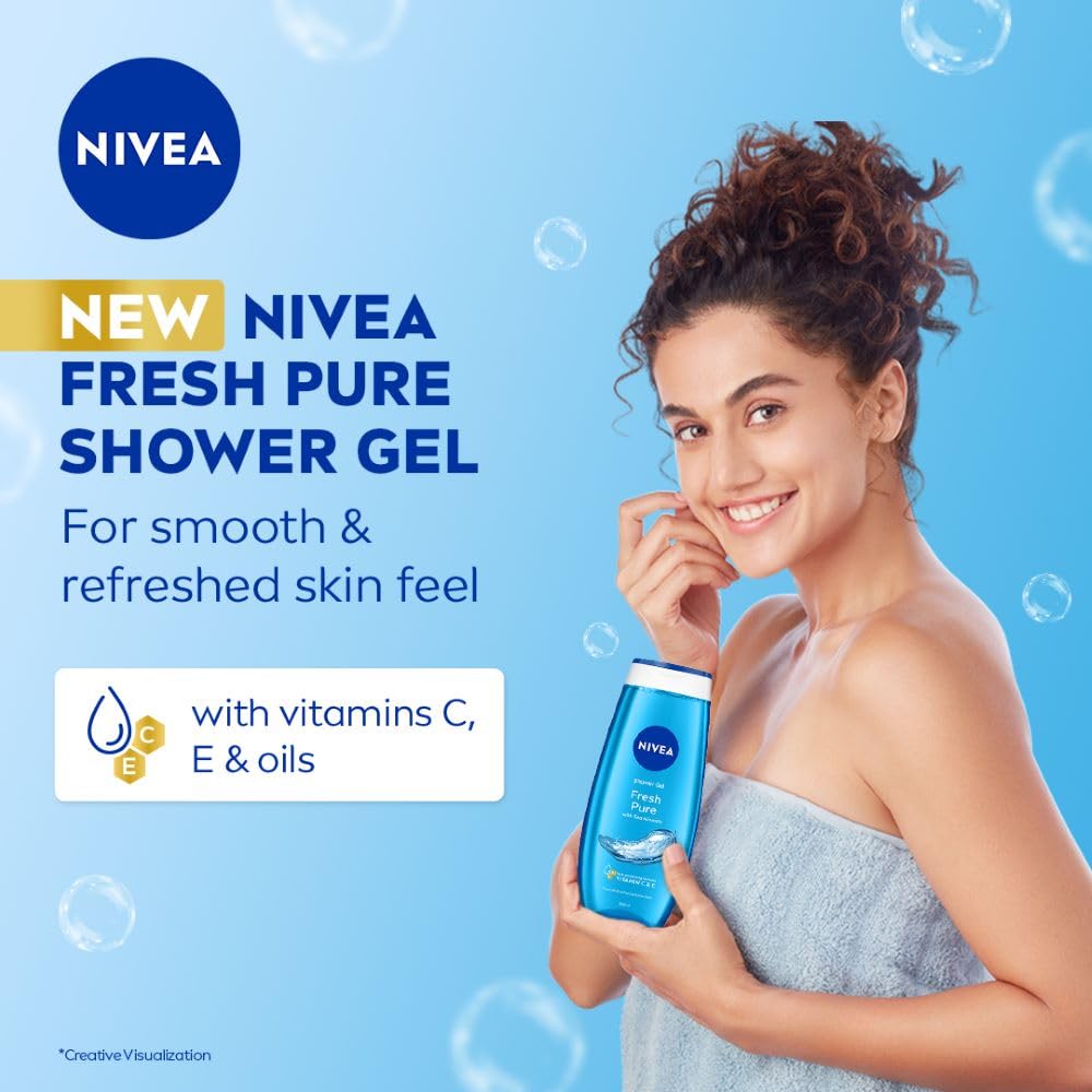 NIVEA Fresh Pure Refreshing Body Wash with Sea Minerals for Fresh, Clean Skin, Pure Glycerin, Vitamins C & E and Care Oil for Lasting Moisture, Shower Gel for Soft & Healthy & Moisturized Skin, 125 ml