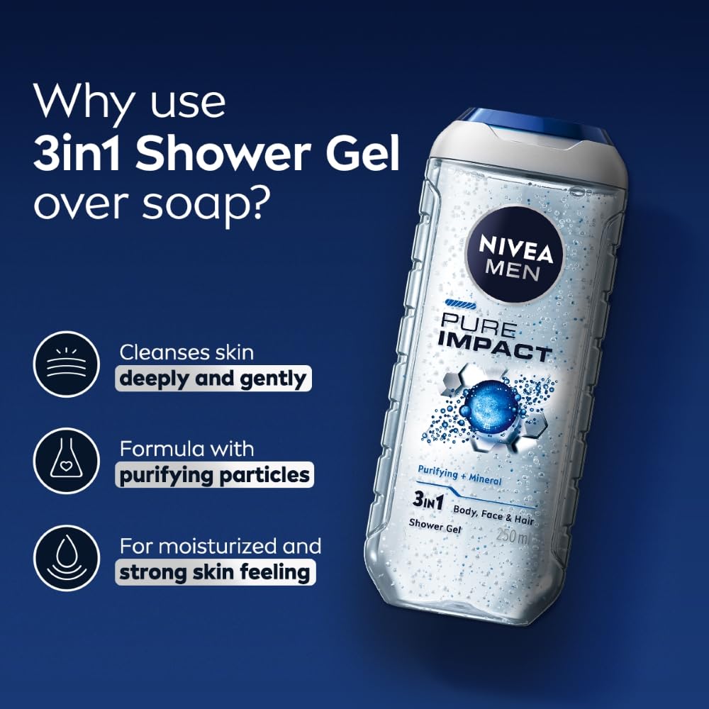 NIVEA MEN Pure Impact 250ml Body Wash| Shower Gel for Face, Body & Hair| Purifying Micro Particles for Extra Fine Scrub & Instant Summer Freshness|Clean, Healthy & Moisturized Skin