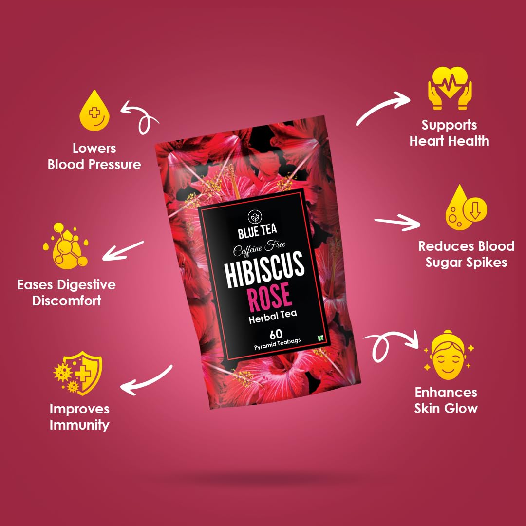 BLUE TEA - Hibiscus Rose Tea - 60 Tea Bags - Plant Based | SKIN GLOW ENHANCING TEA | Caffeine Free - Flower Based - Tangy Flavor - Vegan - Gluten Free - Herbal Tea | Ziplock Pouch