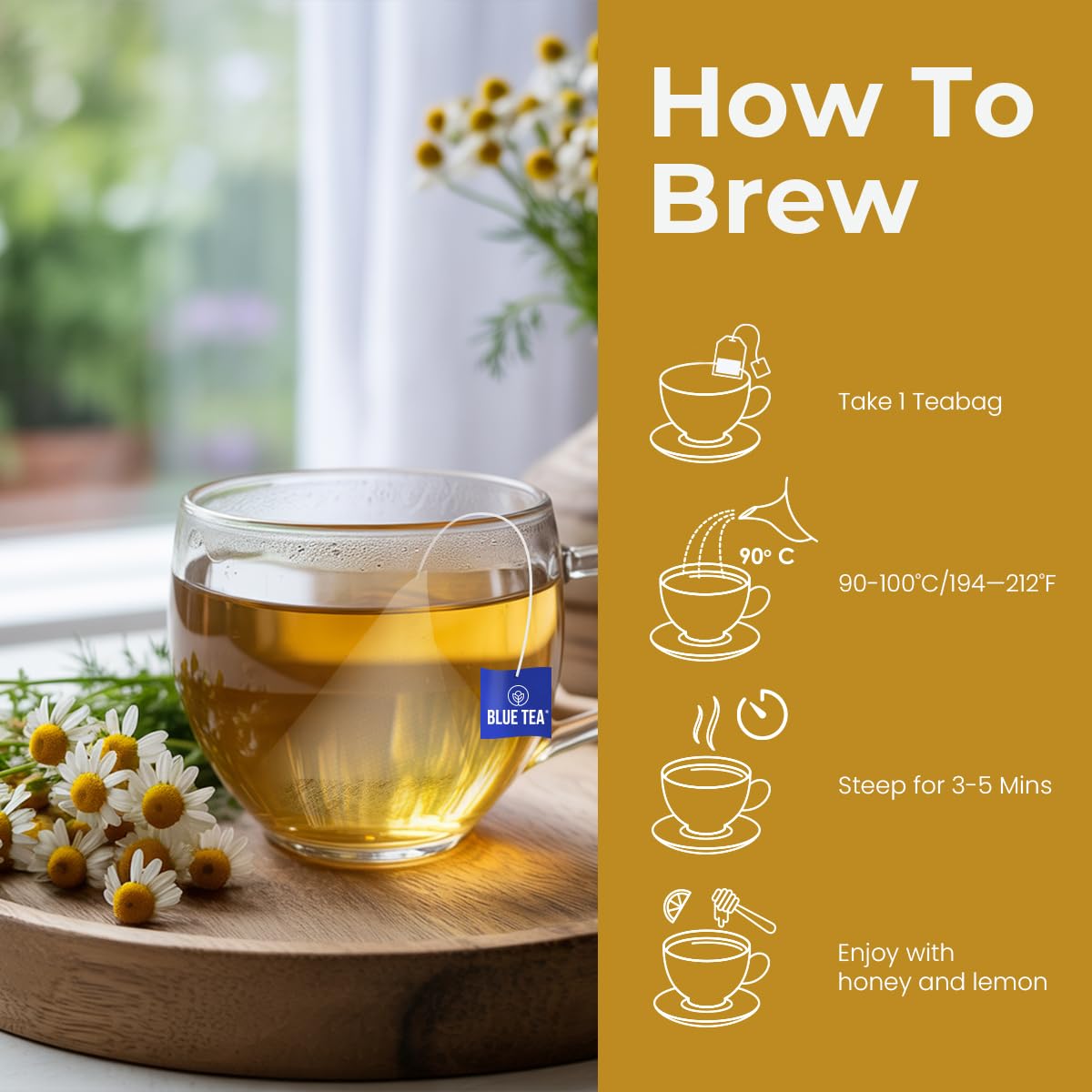 BLUE TEA - Chamomile Tea For Sleep - 25 Tea Bags - Plant Based | Get a good Sleep | Relaxation | Stress Relief | Caffeine Free - Flower Based - Herbal Tea | Single Tear Tea Box | Easy Pull Sachets