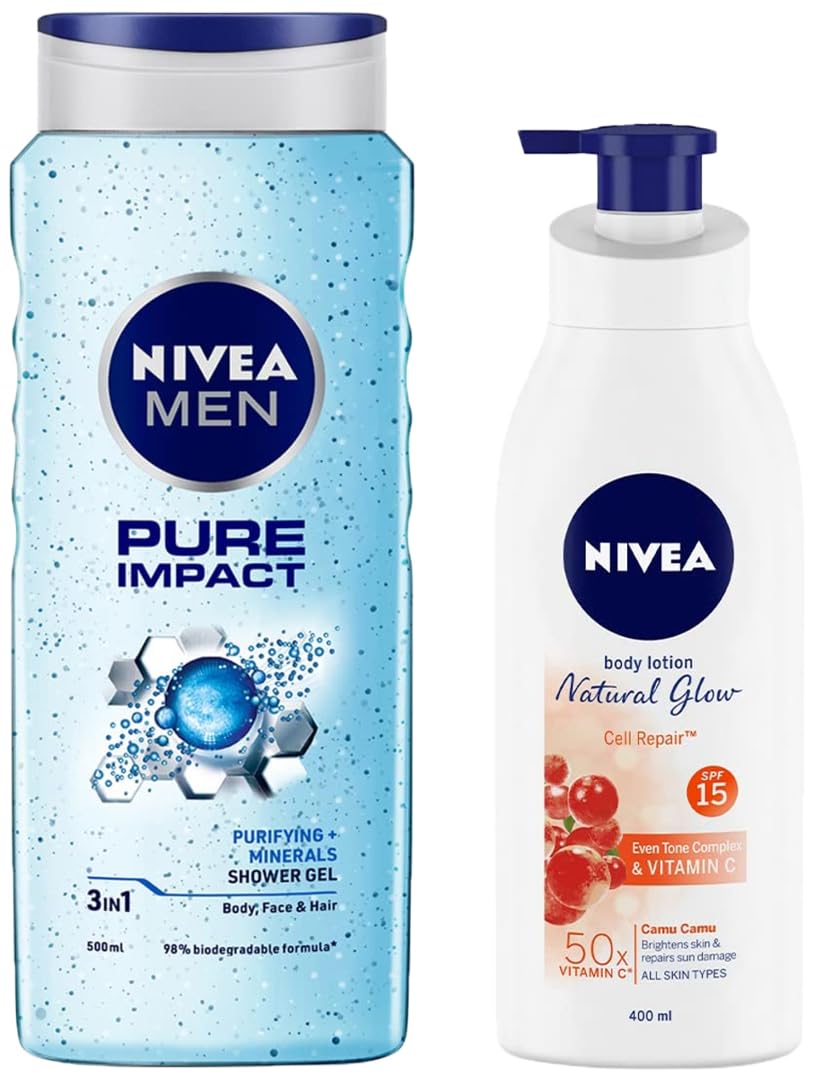 Nivea Body Lotion, Extra Whitening Cell Repair SPF 15, For All Skin Types, 400ml & Men Pure Impact Shower Gel, 500ml, Hair, Face & Body Wash