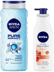 Nivea Body Lotion, Extra Whitening Cell Repair SPF 15, For All Skin Types, 400ml & Men Pure Impact Shower Gel, 500ml, Hair, Face & Body Wash