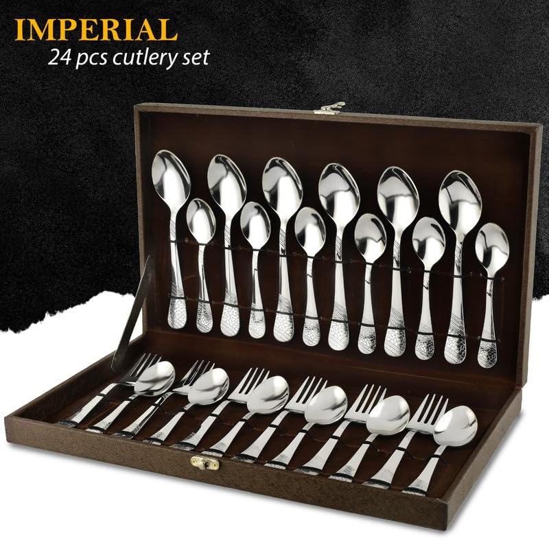 Parage 24 Pieces Premium Stainless Steel Cutlery Set, Home & Kitchen with Gift Box (6 Pieces Each Table Spoons, Table Forks, Dinner Spoon & Tea Spoons) with Leatherite Box (Imperial Design)