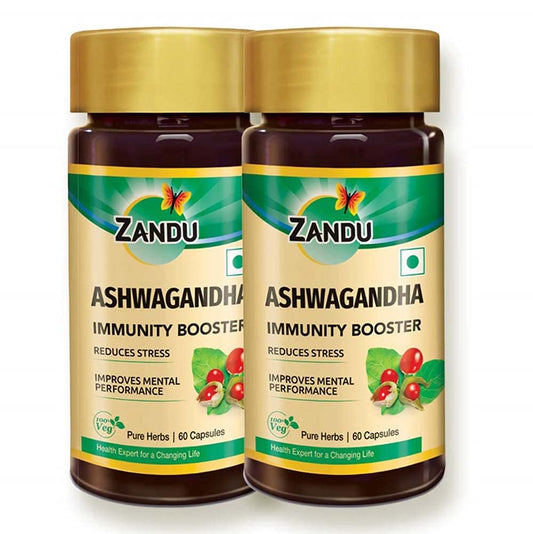 Zandu Ashwagandha Capsules, With Goodness of Natural Extracts of Ashwagandha, Helps Boost Immunity and Useful for Natural Body Strength, Stress Buster - (Pack of 60 Veg capsules x 2)