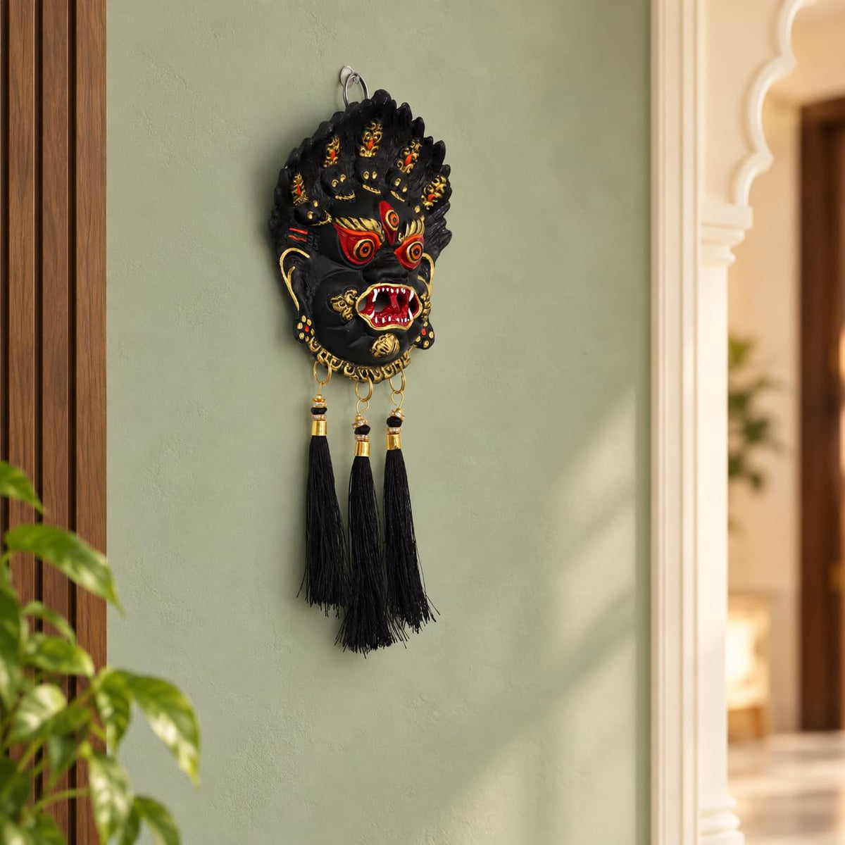 KridayKraft Kirtimukha Nazar Battu Wall Hanging with Tassels, Black Face Mask for Home Entrance, Main Door and Office Décor, Housewarming Gift.